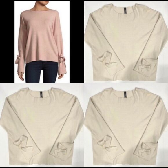 CREW NECK SOFT OPEN TIE SLEEVE CREAM SWEATER L - Picture 6 of 6